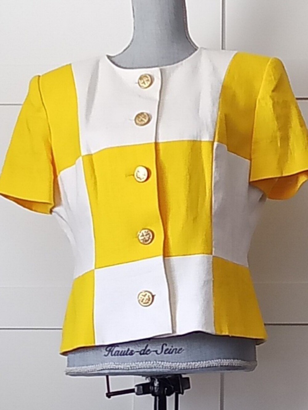 Checkerboard Yellow & White Button-Front Short Sleeve Top